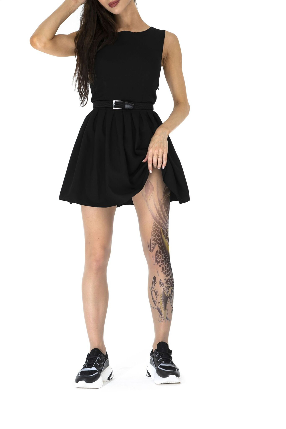 Колготки с принтом в виде черного карпа кои на левой ножке (Размер: S-M-L) (Цвет: бежевый)