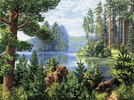 Гобеленовая картина "D. БОР НА ОЗЕРЕ" в багетной раме, Россия.