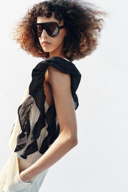 ZARA БЛУЗА В ПОЛОСКУ С ВОЛАНАМИ, ЧЕРНЫЙ/ЭКРЮ