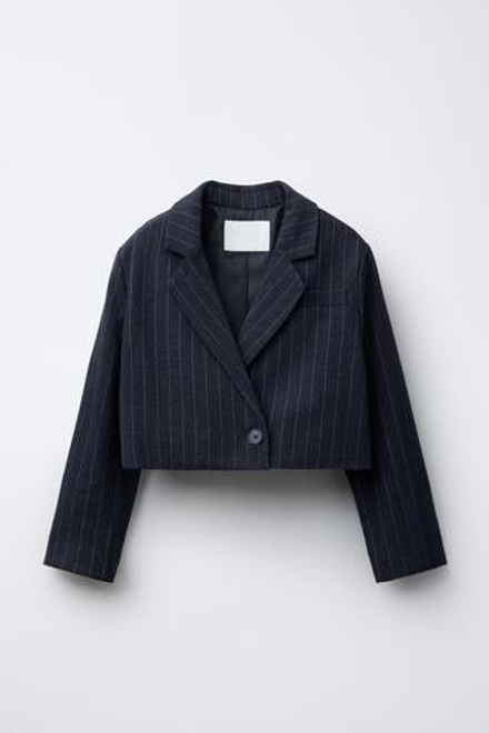 ZARA УКОРОЧЕННЫЙ БЛЕЙЗЕР В ТОНКУЮ ПОЛОСКУ, МОРСКОЙ СИНИЙ