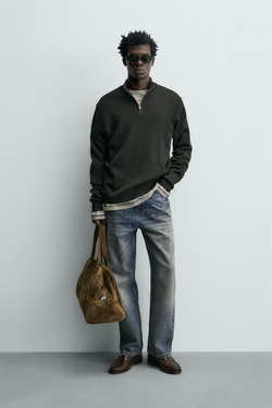 ZARA ХЛОПКОВЫЙ СВИТЕР С ВОРОТНИКОМ НА МОЛНИИ, ЗЕЛЕНЫЙ