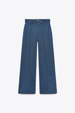 ZARA БРЮКИ ИЗ САРЖИ С ДЕКОРАТИВНОЙ СТРОЧКОЙ И РЕМНЕМ, ИНДИГО