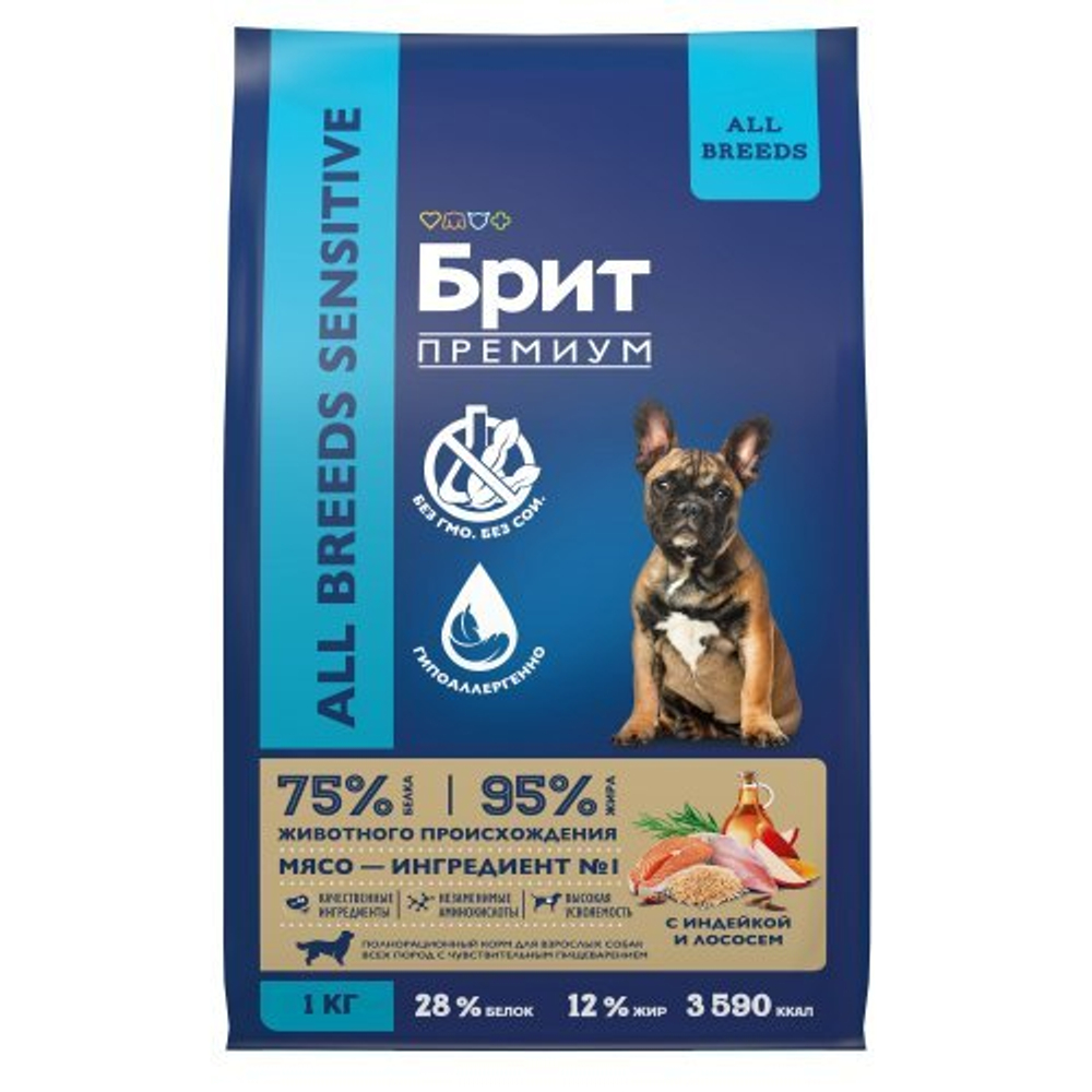Корм для собак сухой BRIT PREMIUM с лососем и индейкой для собак "Dog Sensitive", 1 кг