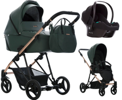 Детская коляска Bebetto Yoddi Premium Class 3 в 1 с автокреслом Avionaut Cosmo 04 зеленая кожа рама бронза