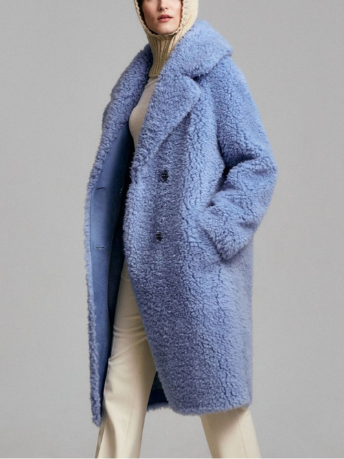 Шуба из овечьей шерсти, голубая, SilverFox