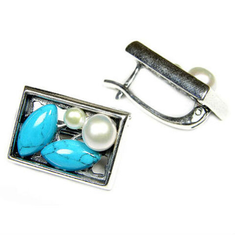 Серьги "Витраж" бирюза жемчуг