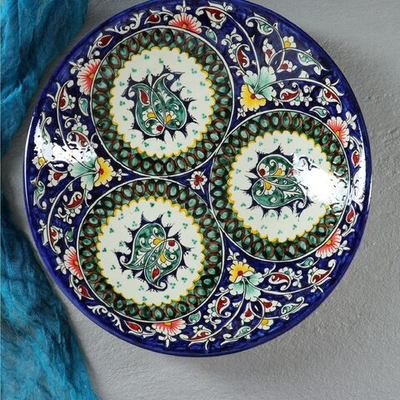 Ляган Риштанская Керамика Узоры , 33 см, глубокий, синий