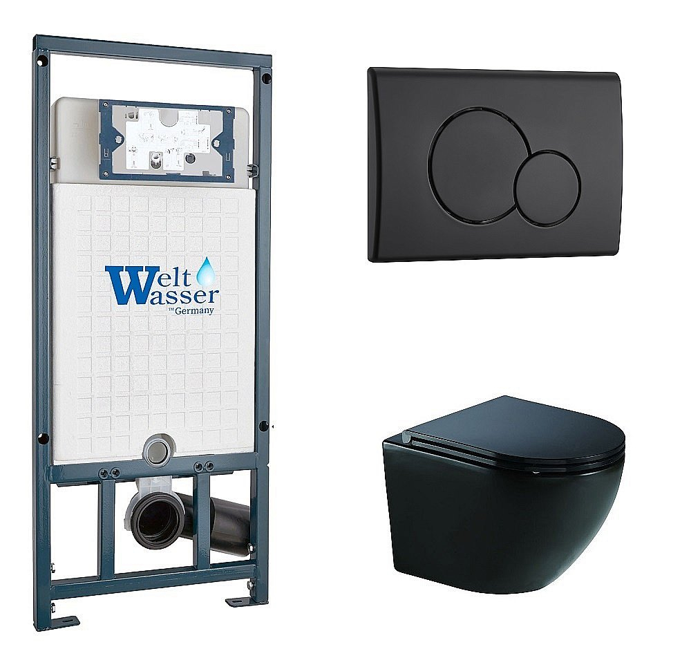 Унитаз подвесной WeltWasser MARBERG 507+MERZBACH 041 XL MT-BL+MAR 507 RD MT-BL черный матовый, безободковый, с крышкой микролифт, слив-торнадо, с инсталляцией и черной матовой кнопкой