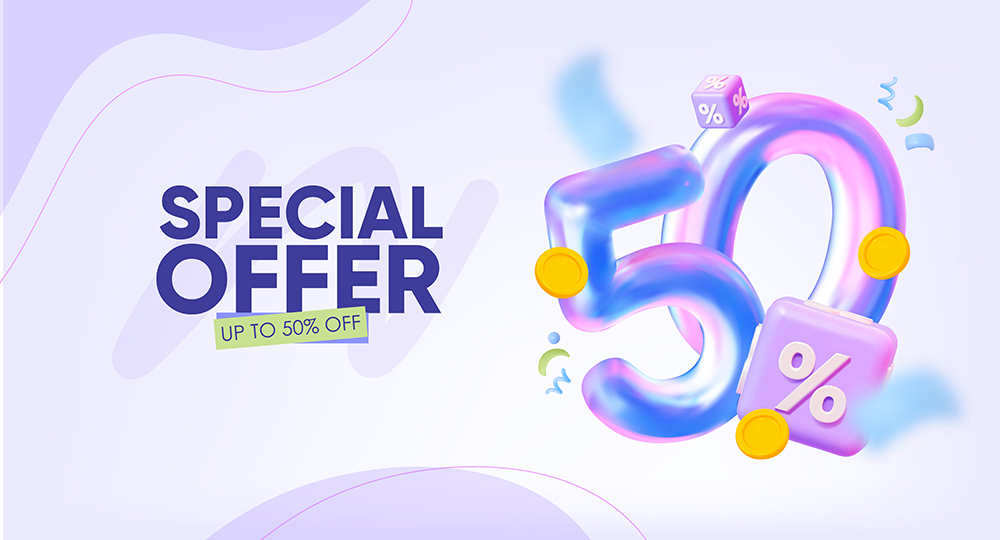 Special Offer баннер, 50% discount, holographic 3D vector, распродажа, акция.