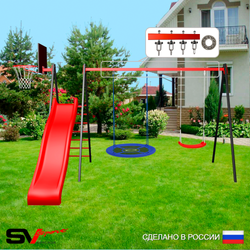 Уличные качели Sv Sport с горкой УК198КП2 (3.7м/Щит баскет/Гнездо Оксф. 100см/"Лодочка"/Подвесы на подш 2к)