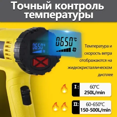 фен строительный HOOMOTEK с регулировкой температуры с дисплеем (220 В, 2000 Вт, 60-650 градусов, ЭЛЕКТРОННАЯ РЕГУЛИРОВКА, ЖК-дисплей+4 аксессуары )