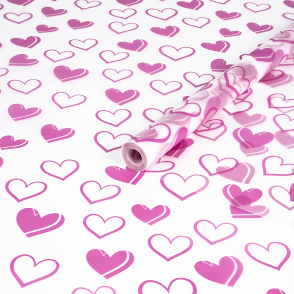 Пленка матовая "Сердечки №1" 70см*200гр ЯРКО-РОЗОВЫЙ