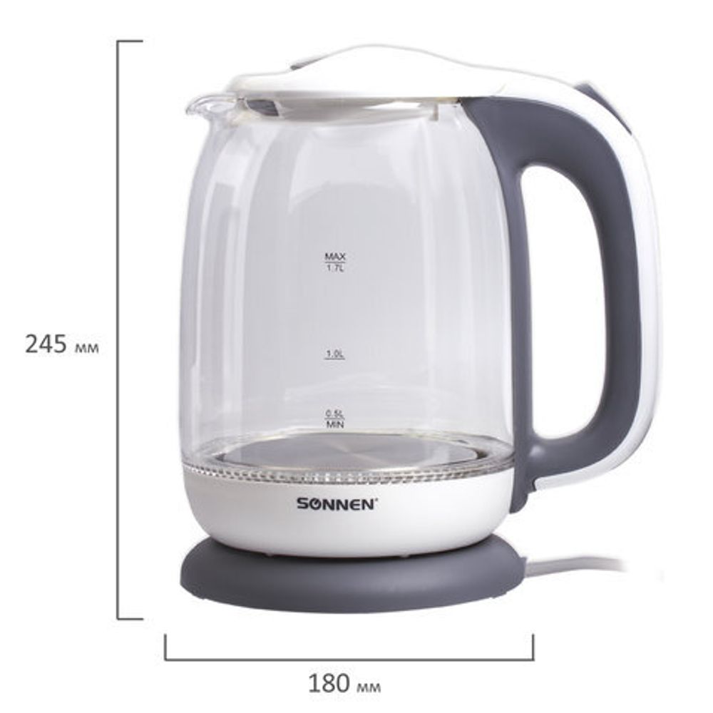 Чайник SONNEN KT-1792, 1,7 л, 2200 Вт, закрытый нагревательный элемент, стекло, белый, подсветка, 454348