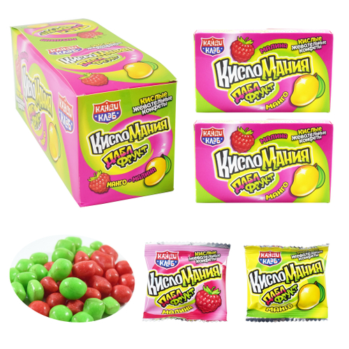 Жевательные конфеты "Кисломания дабл фрукт" малина и манго 14гр*30шт*12 блоков