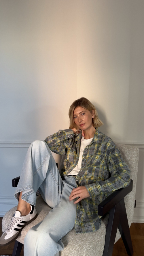 Рубашка из хлопка оверсайз в клетку серая с желтым