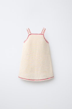 ZARA ПЛАТЬЕ ИЗ ТРИКОТАЖА КРОШЕ С ВИШНЯМИ, ЭКРЮ/КРАСНЫЙ