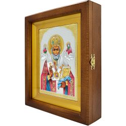 Николай Чудотворец с предстоящими. Икона в серебряном окладе в киоте