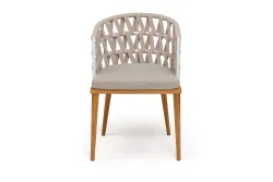 "Диего" стул плетеный из роупа, основание дуб каркас из стали белый муар, роуп бежевый круглый, ткань бежевая 052