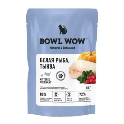 Пауч BOWL WOW для котят и беременных кошек с белой рыбой и тыквой, кусочки в соусе