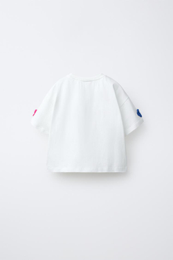 ZARA ФУТБОЛКА С ЦВЕТОЧНЫМ КРУЖЕВОМ КРОШЕ, ЖЕЛТОВАТО-БЕЛЫЙ