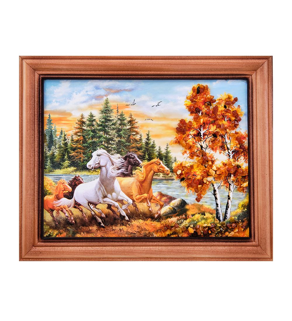 AMB-74/ 4 Картина «Лошади» (с янтарной крошкой) дер.краш.рамка 12х15