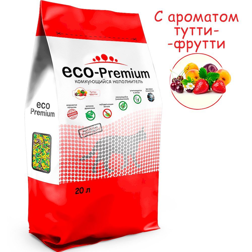 Наполнитель ECO Premium Тутти-фрутти для кошачьего туалета древесный, комкующийся, пакет 20 л Наполнитель ECO Premium Тутти-фрутти для кошачьего туалета древесный, комкующийся, пакет 20 л