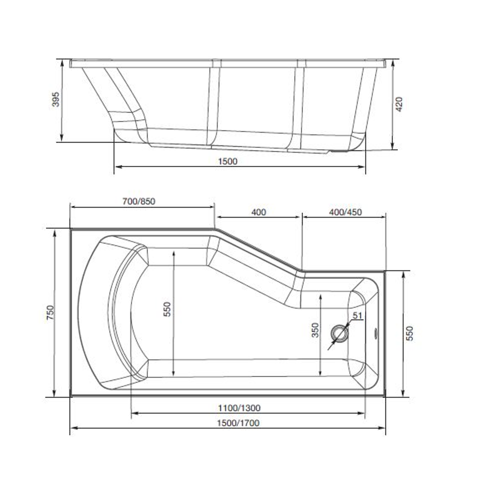 Акриловая ванна Marka One Convey 170x75 R, белый