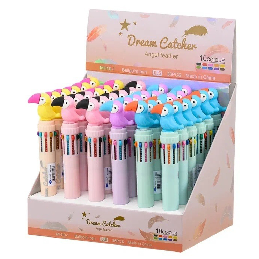 Ручка шариковая, автоматическая, 10в1, Basir, серия "ТУКАН", 10-ти цветная, с резиновой фигуркой, 36 шт