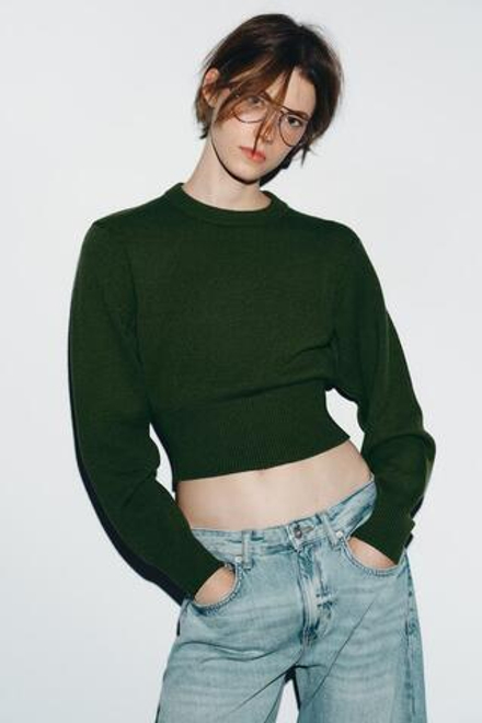 ZARA УКОРОЧЕННЫЙ ОДНОТОННЫЙ ДЖЕМПЕР, ТЕМНЫЙ ХАКИ