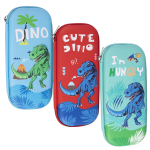 Пенал EVA Alingar, 1 отделение 1 откидная планка, карман сетка, молния, объемный рисунок, 95 х 220 мм, "Динозавры" (крас,голуб, бирюз)