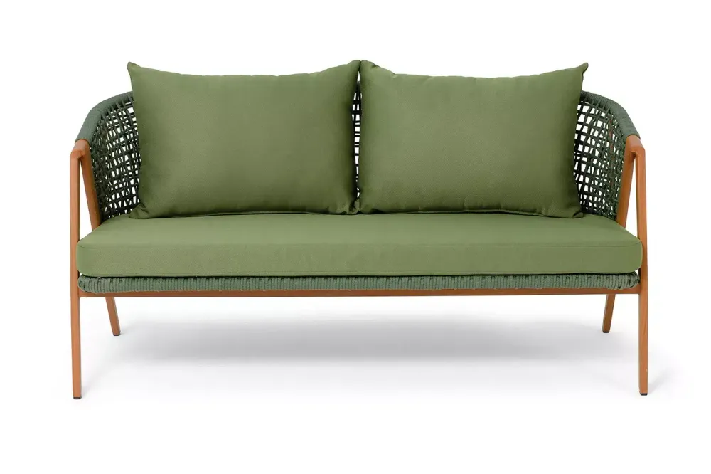 "Амстердам" диван 2-местный плетеный из роупа, каркас алюминий, роуп зеленый круглый, ткань зеленая