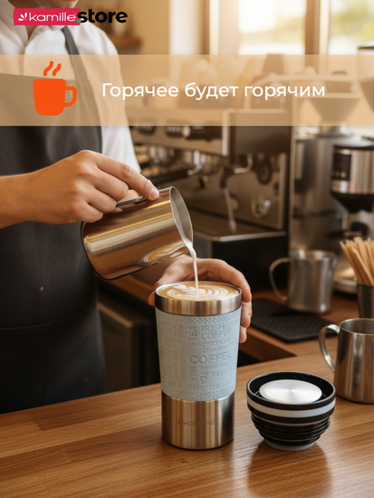 Термокружка 380 мл. из нержавеющей стали Kamille KM 2156 с TPR вставкой