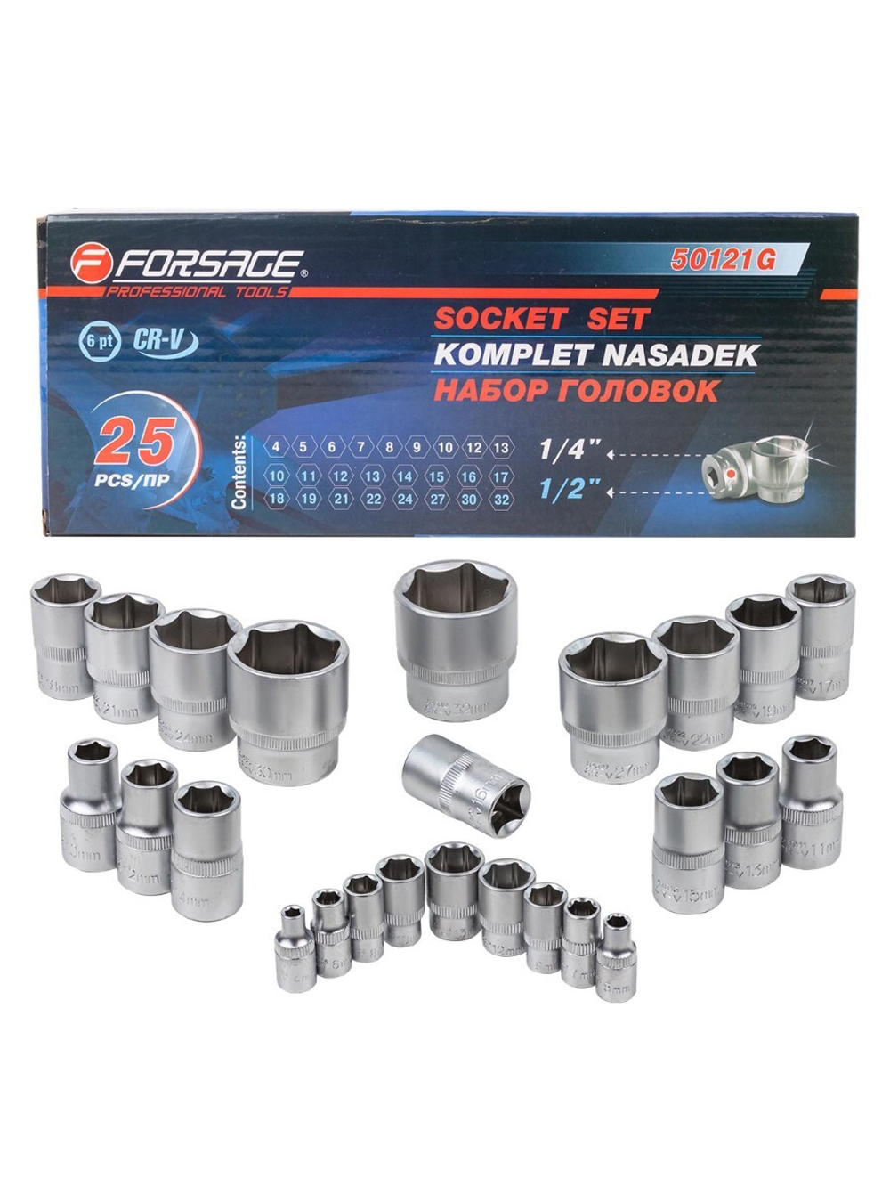 Головки 1/4'', 1/2'', набор 25пр. (6гр.) Forsage F-50121G