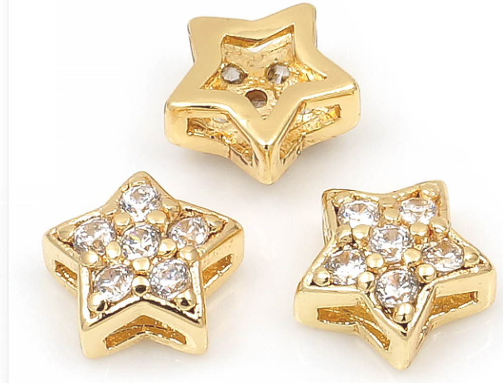 233549 Бусина "Звезда" с прозр. фианитами, 6*6*3мм, позолота, шт