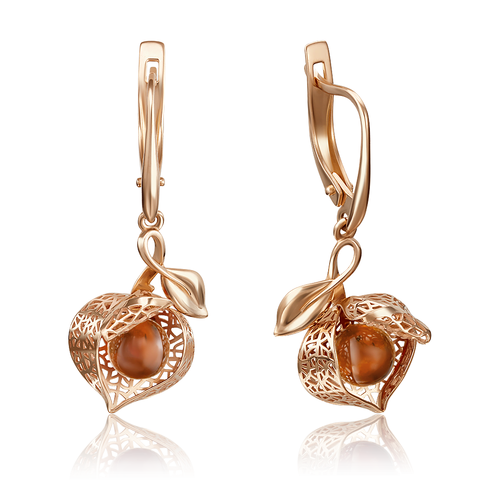 Серьги «Физалисы» с английским замком из красного золота c янтарём