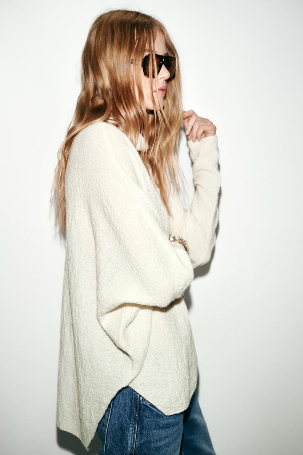 ZARA ВЯЗАНЫЙ СВИТЕР-НАКИДКА, ЭКРЮ