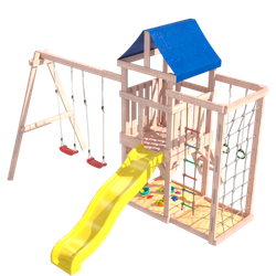 Детская площадка для улицы и дачи Fun Land неокрашенная с сеткой стенкой и качелями