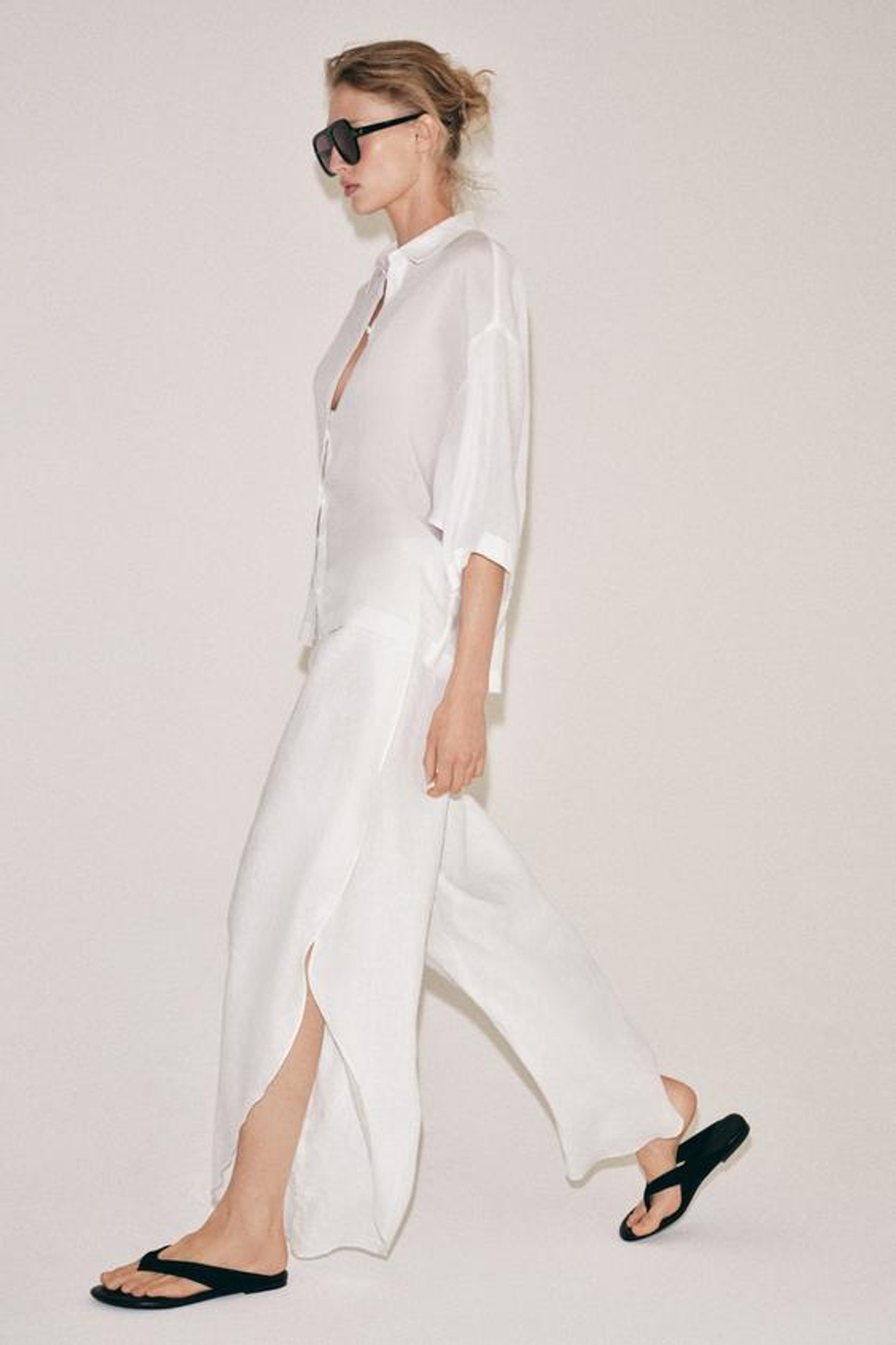 ZARA БРЮКИ ИЗ ЛЬНА С РАЗРЕЗАМИ — ZW COLLECTION, БЕЛЫЙ