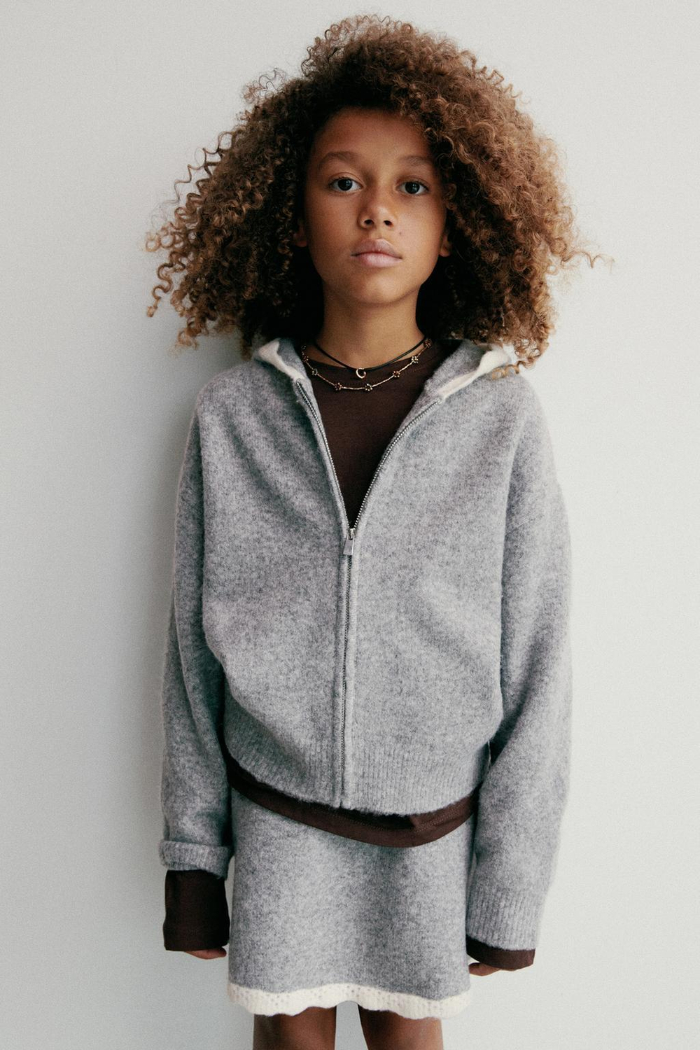 ZARA ТРИКОТАЖНАЯ ЮБКА С ОТДЕЛКОЙ КРЮЧКОМ, МЯГКИЙ СЕРЫЙ