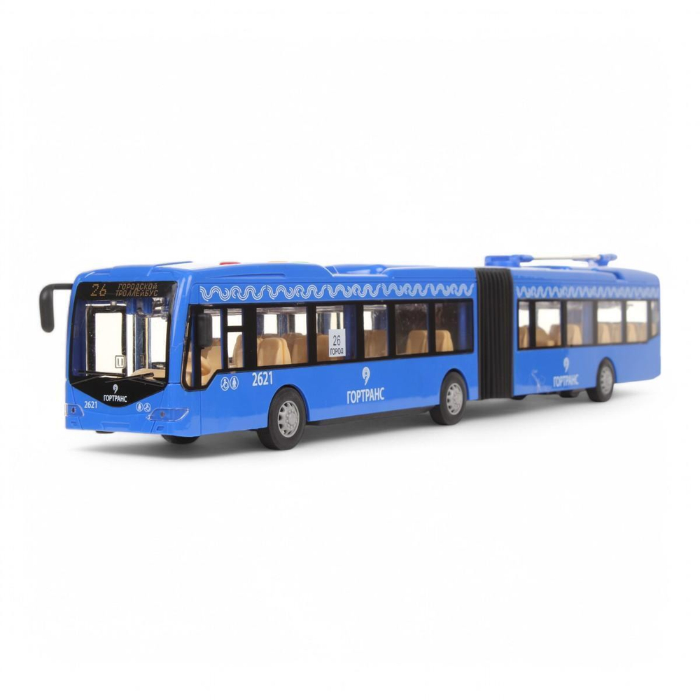 Модель ин. пласт. "Троллейбус" 45см, свет-звук, двери, син, коробка TROL-45PL-BU (Технопарк)