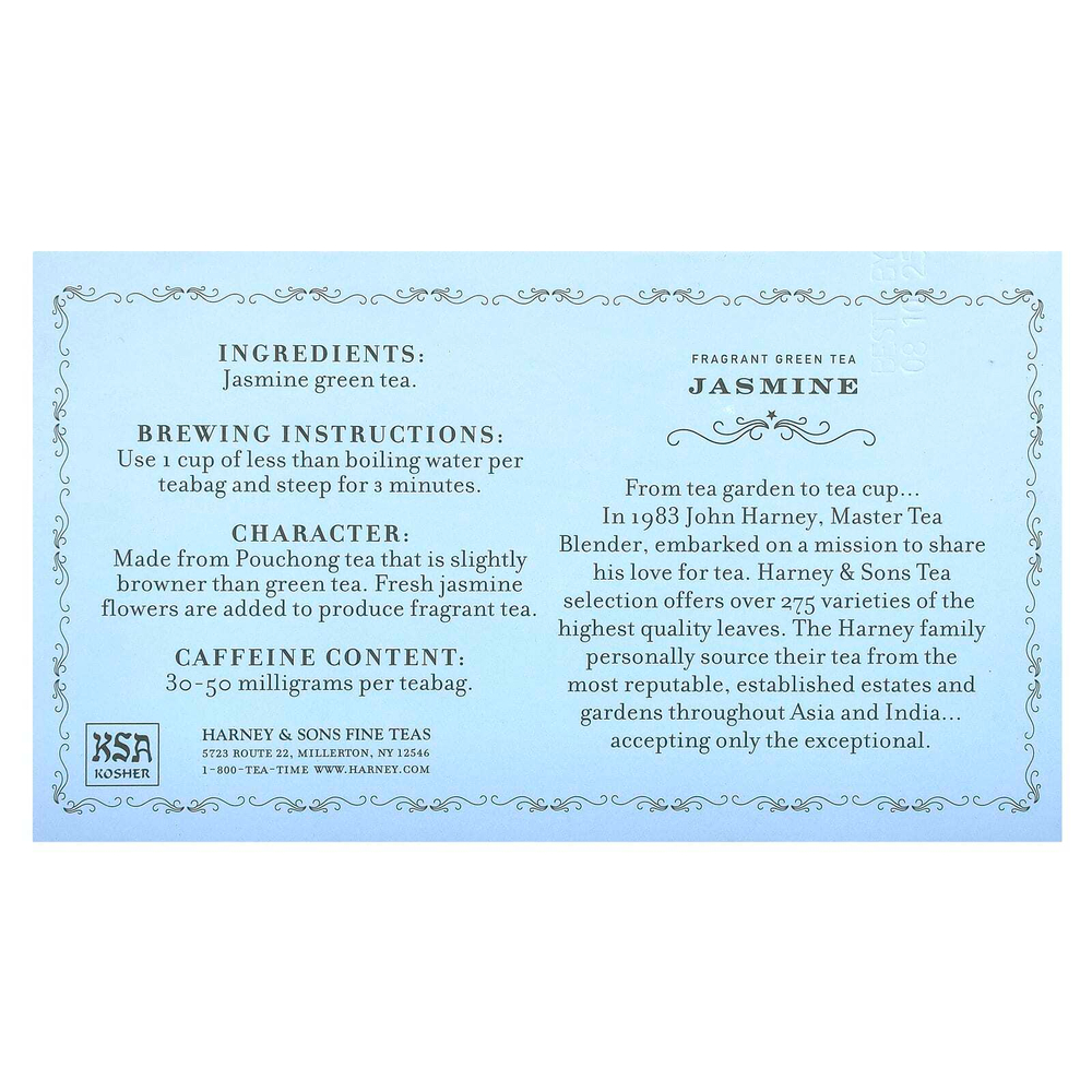Harney & Sons, Ароматный зеленый чай, жасмин, 50 пакетиков, 90 г (3,17 унции)