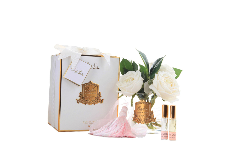 Ароматизированный букет из камелий и роз в прозрачной вазе, кисть и 2 спрея 21х17х17 Cote Noire White Camelia Roses