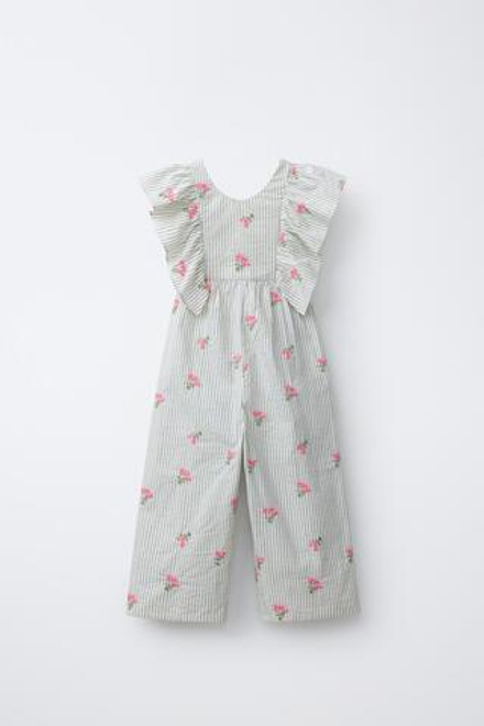 ZARA ДЛИННЫЙ КОМБИНЕЗОН В ПОЛОСКУ С ВЫШИВКОЙ, СЕРЫЙ