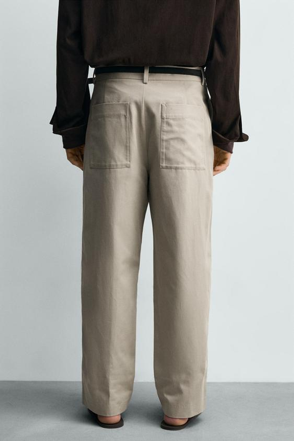 ZARA БРЮКИ RELAXED FIT ИЗ ХЛОПКА И ЛЬНА, СЕРО-КОРИЧНЕВЫЙ