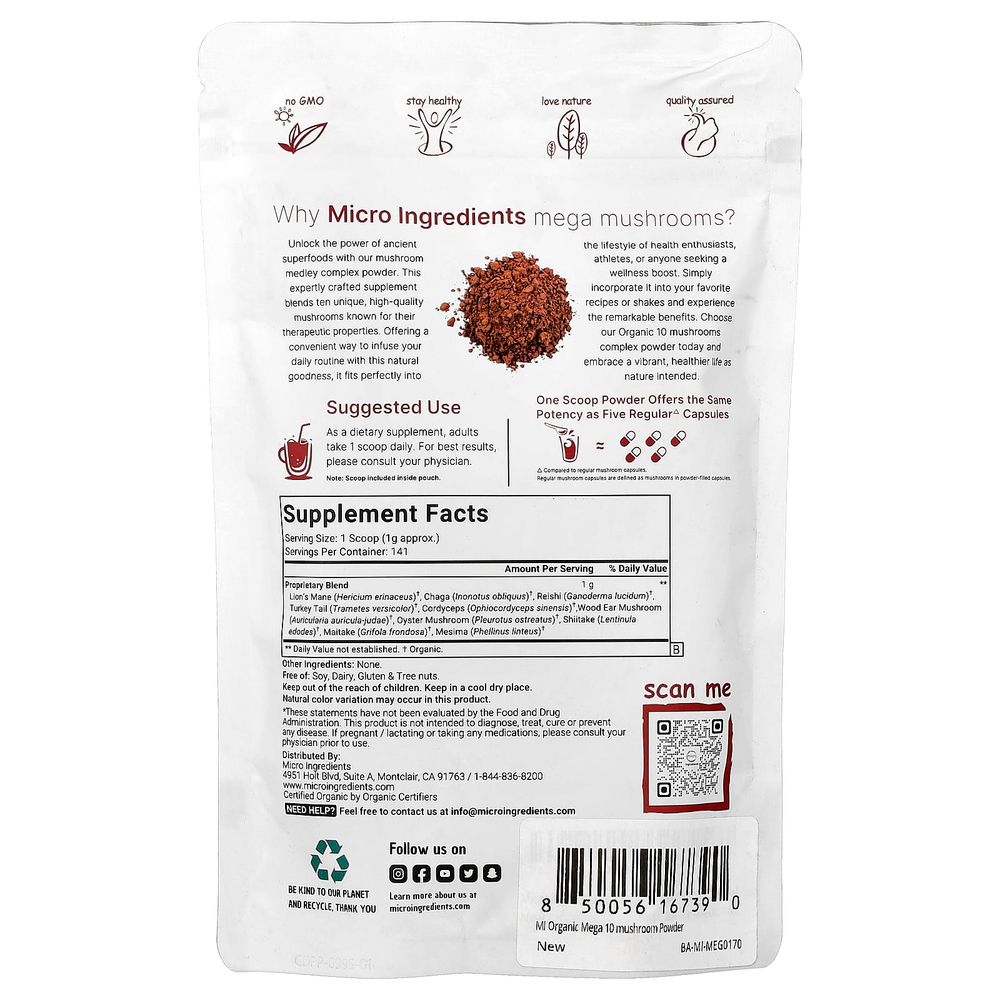 Micro Ingredients, органический гриб MegaMushrooms в порошке, 141 г (5 унций)