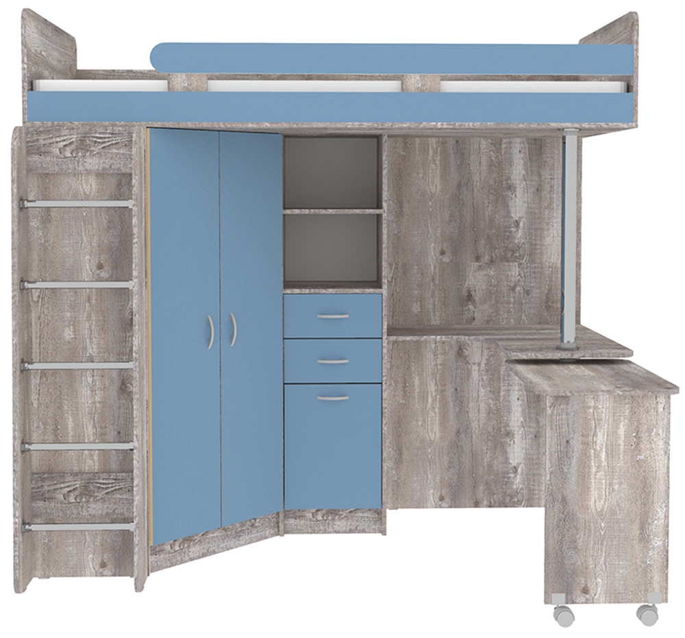 Кровать-чердак КарИВи Юниор 3 с металлической лестницей Бетон Светло-синий, голубой