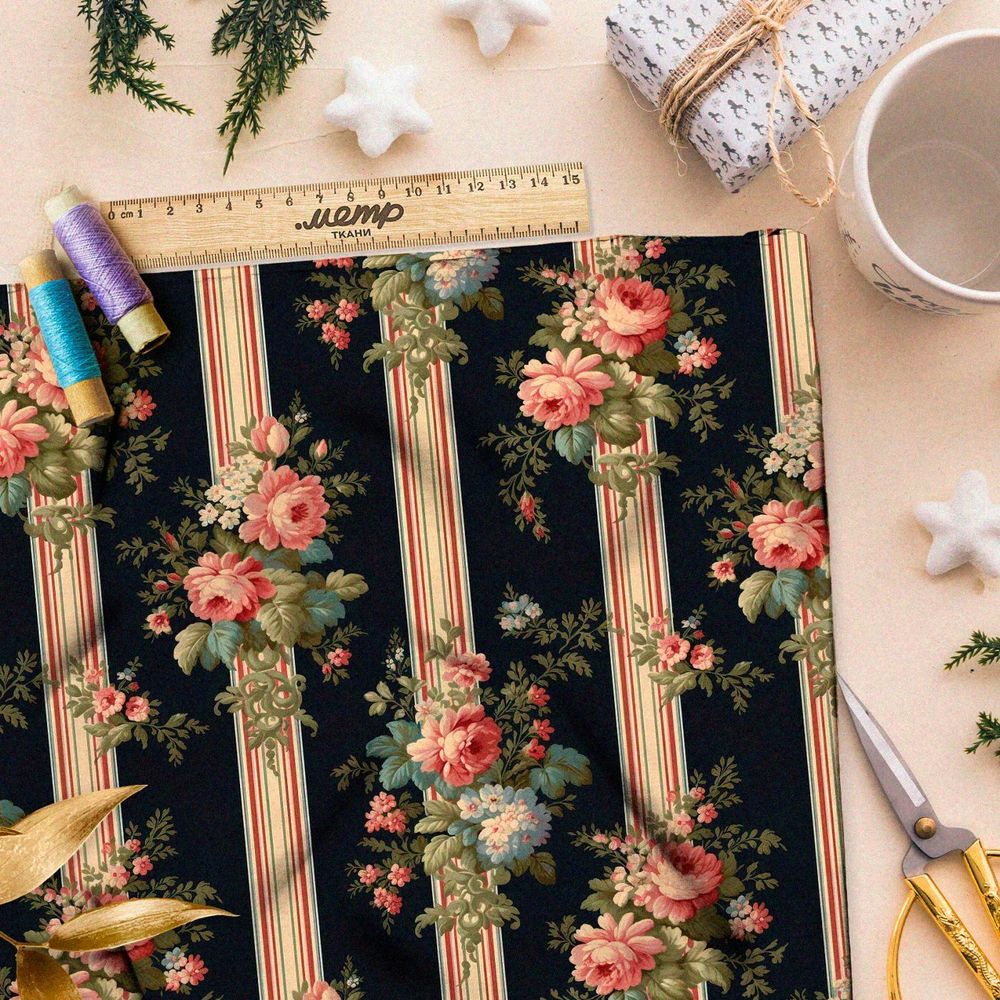 Ткань премиум шелк искусственный Армани букеты на полосках