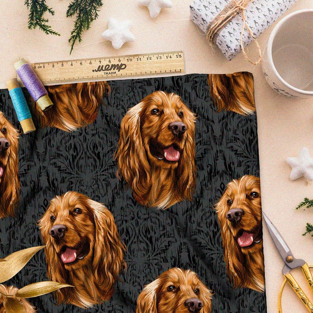 Ткань оксфорд 210 счастливая собака на тёмном фоне