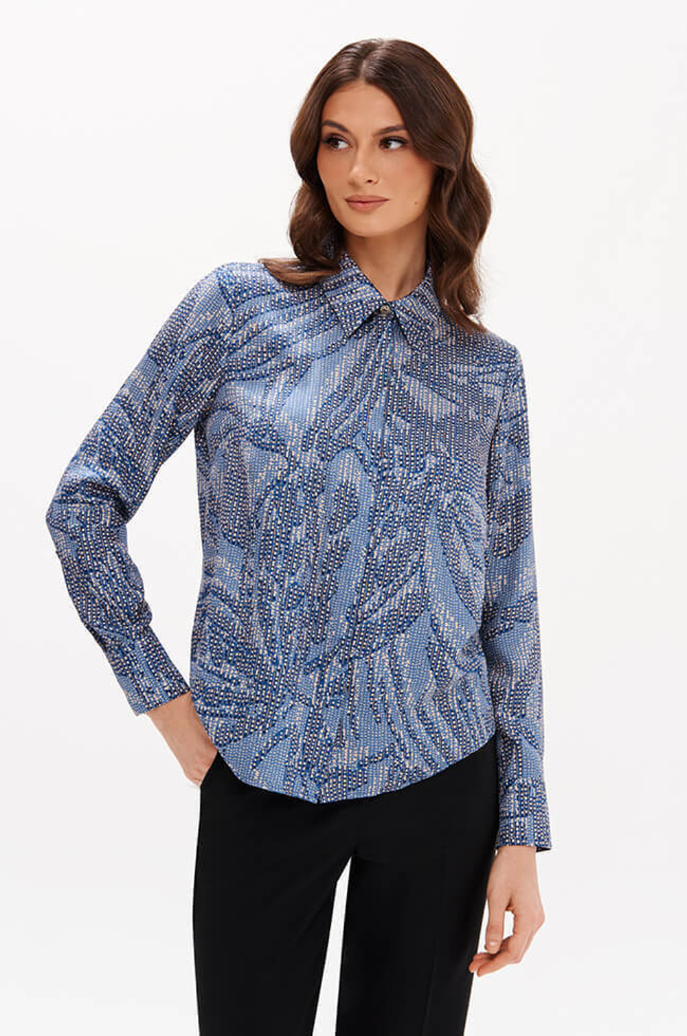 23387 Блузка женская (бежево-синий принт)