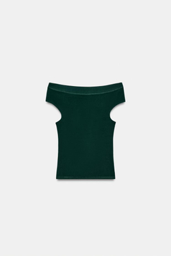 ZARA ФУТБОЛКА С ВЫРЕЗОМ ЛОДОЧКОЙ, ЗЕЛЕНЫЙ